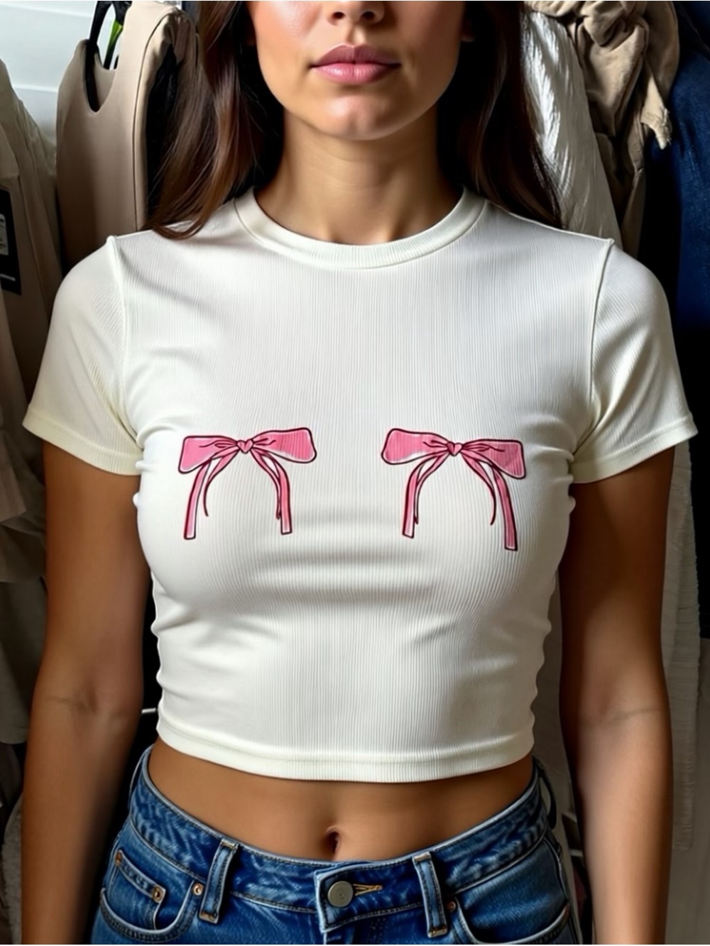Fashion Nova white Ribbed Crop Top with Pink Bow Appliqués